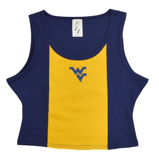 Flat lay of the navy and gold color blocked WVU cropped tank top with a small navy Flying WV on the front